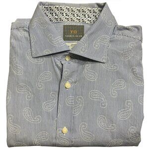 Thomas Dean Men’s Long Sleeve Button-Up Shirt Blue & White Paisley Stripe XL